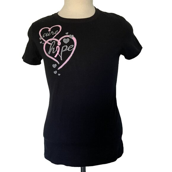 Cure Hope Breast Cancer Awareness T Shirt Sz L Shirt Top Black Pink Short Sleeve - Picture 1 of 11
